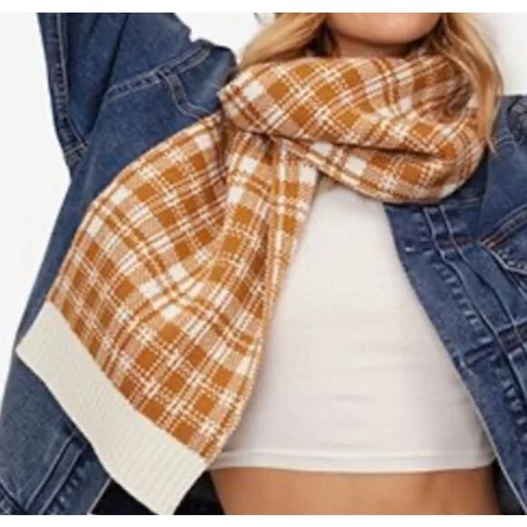 Timberland Buffalo Plaid Scarf Tan & Cream White Knit Acrylic New in package - Picture 2 of 6